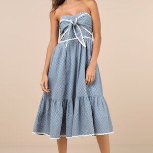 Lulus Delightful Design Dusty Blue Polka Dot Midi Dress With Pockets - Size L